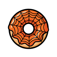 Cartoon vector icon of orange halloween donut with spider web icing