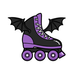cartoon vector illustration gothic purple black roller skate with spooky bat wings halloween