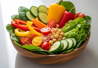 Close up of a fresh salad with vegetables and chickpeas in a wooden bowl