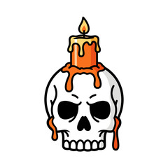 Spooky flat vector illustration skull with melting orange candle wax drips