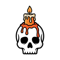 spooky cartoon vector illustration of skull with lit melting orange wax candle