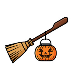 Halloween vector illustration of witch broomstick and spooky jack-o-lantern icon isolated