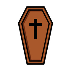 Halloween flat vector illustration brown coffin with black cross isolated symbol