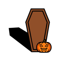 Spooky halloween flat vector illustration brown coffin with carved jack-o-lantern pumpkin graphic element