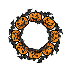 Cartoon vector illustration halloween wreath frame with jack o lanterns and bats festive design element