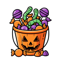 Halloween candy bucket filled with trick or treat sweets flat vector illustration isolated