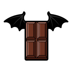Halloween cartoon chocolate bar vector illustration with spooky bat wings isolated icon design