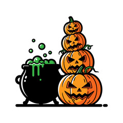 Cartoon vector illustration of halloween pumpkins stack and bubbling green cauldron