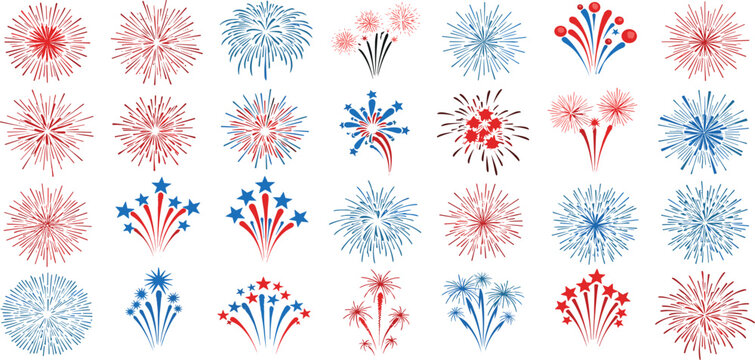 A vibrant assortment of red and blue firework icons and starburst designs for festive national celebrations and events.