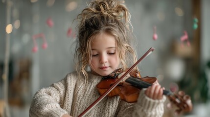 Little girl playing the violin in a sunlit living room, soft focus background with music notes floating in the air