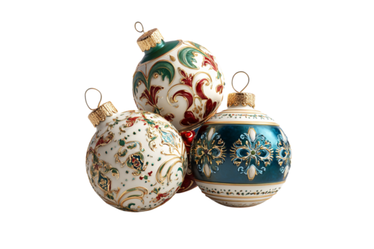 3D Realistic Christmas Ornaments. Green, blue, and red colors with gold patterns on the balls. isolated on a transparent background in PNG format