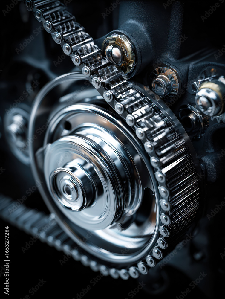 Poster close-up view of an automotive timing chain and sprockets engine component