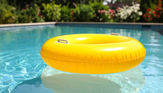 A bright yellow inflatable ring floats serenely in a swimming pool