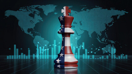 Powerful US flag king chess piece symbolizing global finance strategy and economic leadership against a backdrop of world map and financial charts