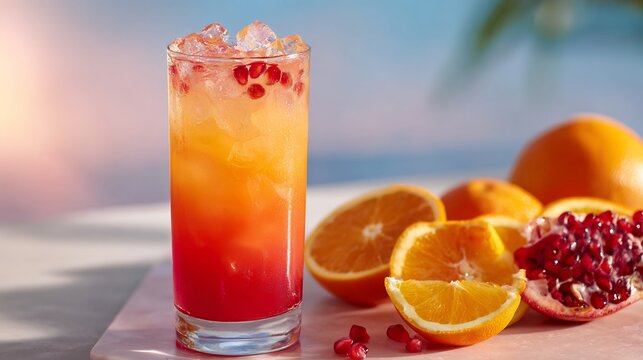 Refreshing orange pomegranate cocktail recipe summer drink with ice healthy fruit beverage juice for party - Powered by Adobe