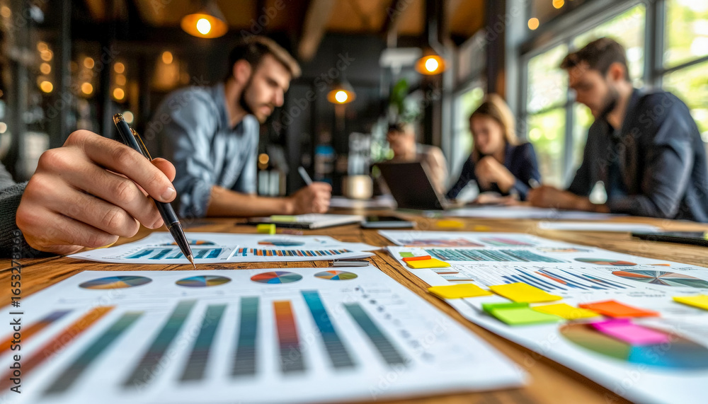 Poster Business team collaborating on data analysis and planning in a modern office setting