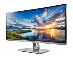 Fototapeta premium Modern curved ultrawide computer monitor display with a scenic landscape on screen, isolated on transparent background