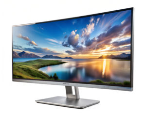 Modern curved ultrawide computer monitor display with a scenic landscape on screen, isolated on transparent background