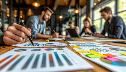 Business team collaborating on data analysis and planning in a modern office setting