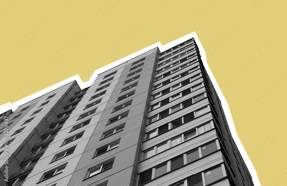 Poster building collage art in cityscape. creative concrete multistorey block displays patterned window