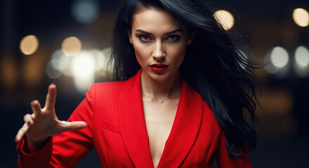 Naklejka premium Woman in red blazer with deep neckline extending hand toward camera against urban background with bokeh lights. Professional fashion for business and evening wear