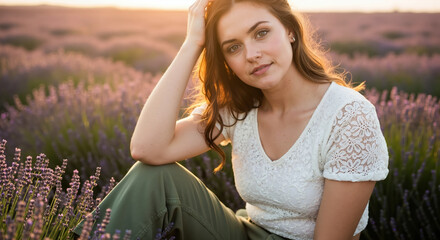 Woman in white lace top and olive green skirt with hand in hair sitting in lavender field during golden hour. Summer romantic fashion for vacation and feminine clothing