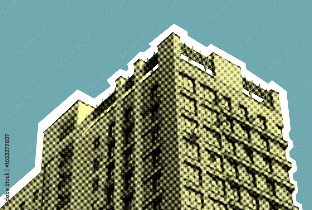 Poster building collage in retro halftone style. creative concrete multistorey block with patterned window