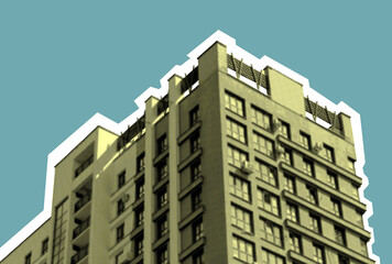 Building collage in retro halftone style. Creative concrete multistorey block with patterned window