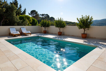Beautiful rectangular swimming pool at a luxury villa, with clear blue water, stone patio, and lounge chairs for a relaxing summer vacation in a scenic location