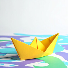 Naklejka premium Surreal Paper Boat Sailing Through Colorful Waves