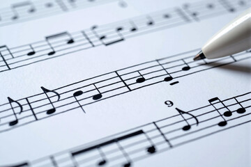 Fototapeta premium Macro shot of a pen pointing to a note on a sheet of lined paper with musical notes, suggesting songwriting, music theory, or composing music
