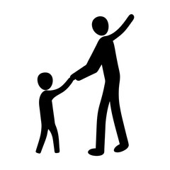 Stick Figure Father Holding Hand of Small Child, Supporting and Encouraging