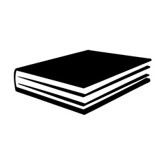 A stylized image of a closed book with pages in black and white