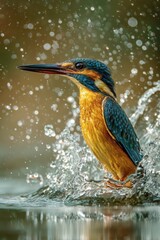 Kingfisher Emerges: Vibrant Bird Splashing in Water, Close-Up Detail