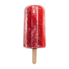 Red popsicle on wooden stick with frosty texture against a plain background appealing for summer treats