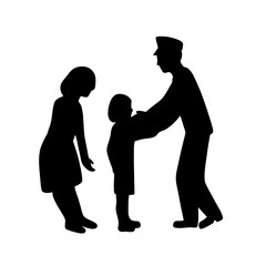Silhouette of a police officer comforting a child near the mother figure