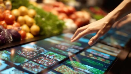 Hand interacting with digital display and produce - Powered by Adobe