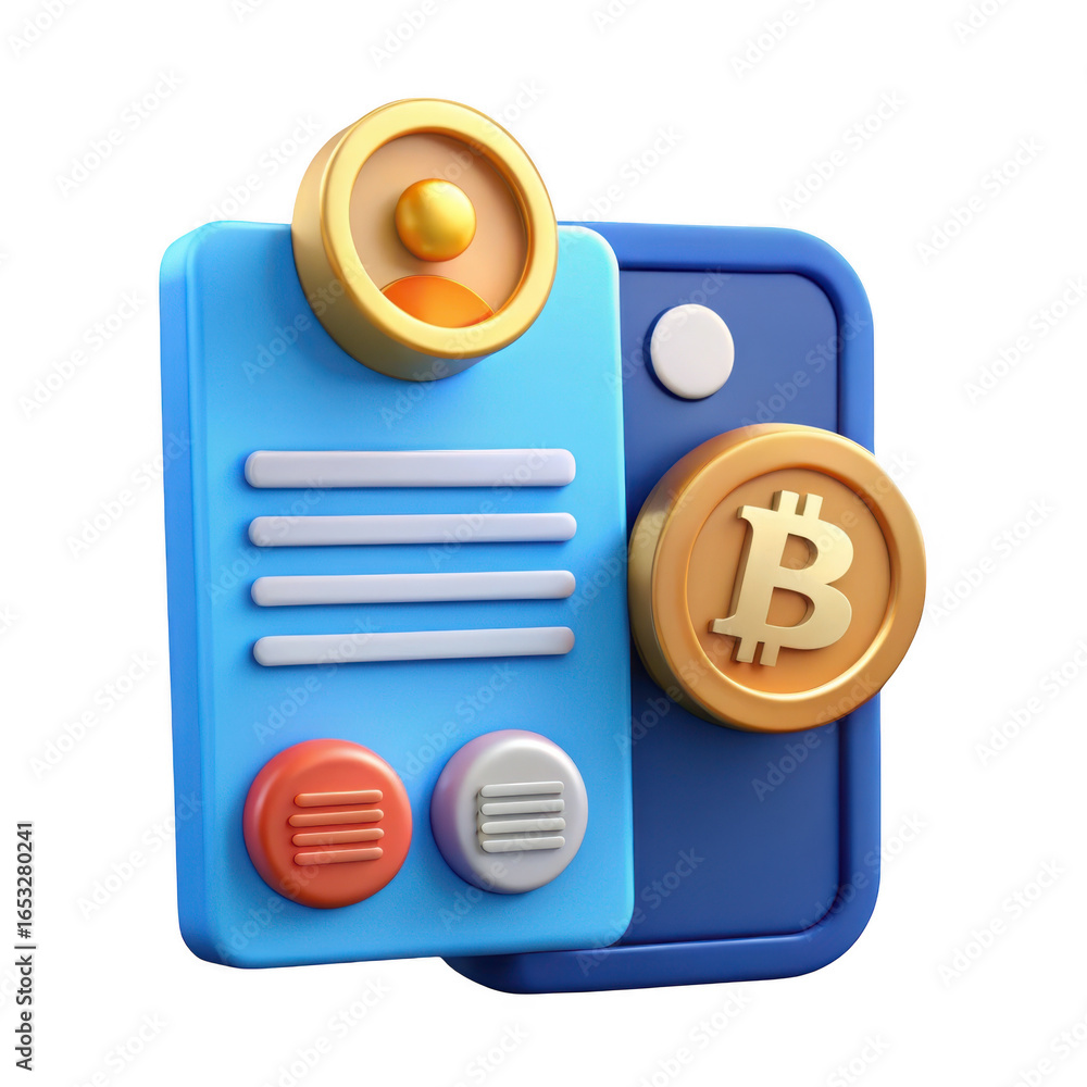 Aufkleber 3d bitcoin cryptocurrency wallet with digital document isolated on transparent background