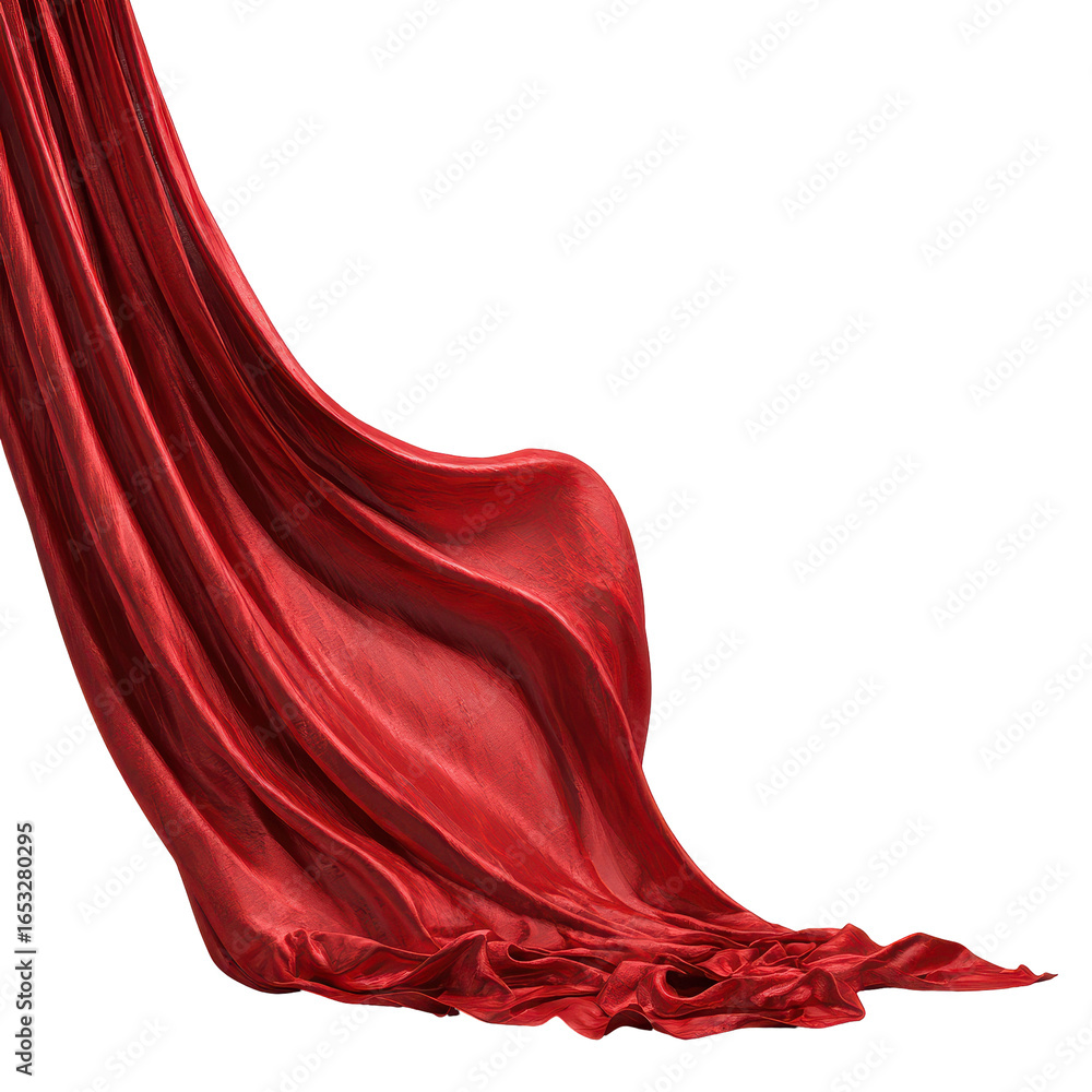 Poster flowing red fabric elegantly draped for artistic display in a bright studio setting