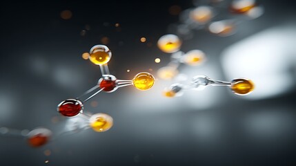 A molecular structure with a dark background, featuring a complex network of glass and metal spheres connected by metallic bonds, with a blurred background and a few scattered light particles.