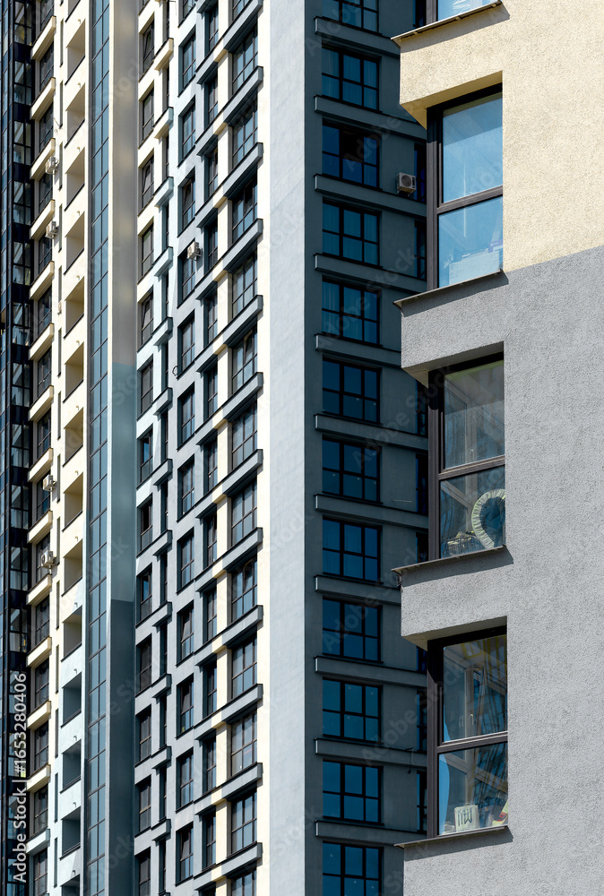 Poster building facade in downtown metropolis. modern concrete multistory architecture with patterned