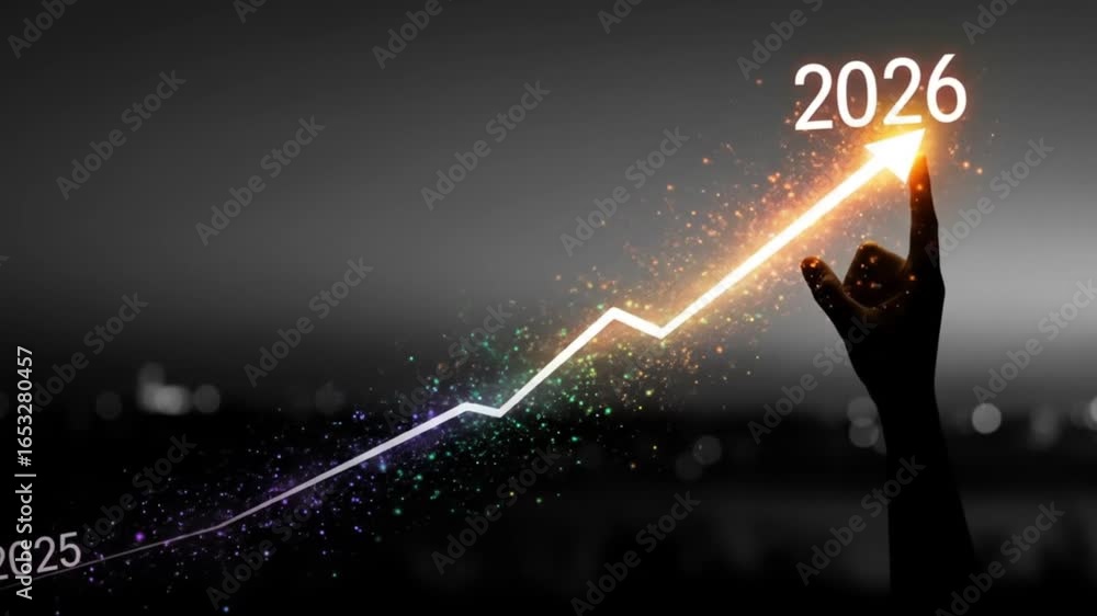 Poster concept of growth from year twenty twenty five to twenty twenty six with upward arrow and hand sign