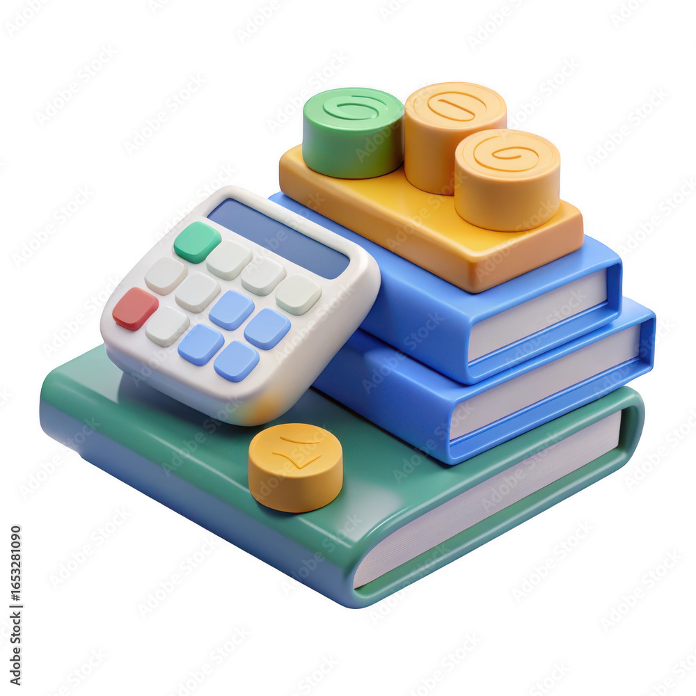 Poster 3d stack of books with calculator and cylinders isolated on transparent background
