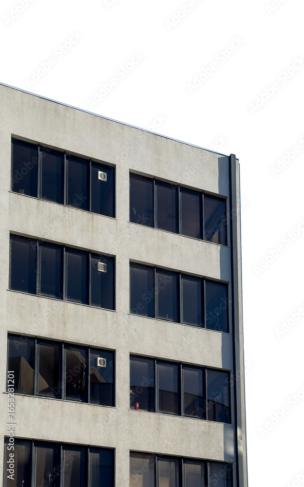 Poster building facade. modern concrete multi-storey architecture with patterned window design shows urban