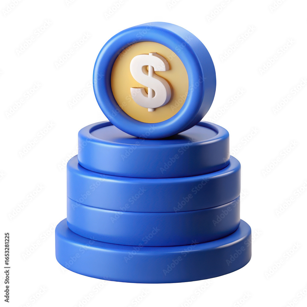 Poster 3d stack of blue coins with dollar symbol isolated on transparent background