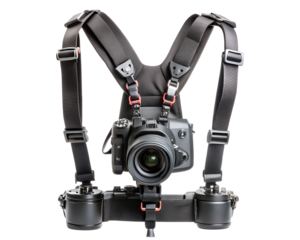 Dual camera strap harness system for photographers, providing secure and comfortable carrying, isolated on transparent background