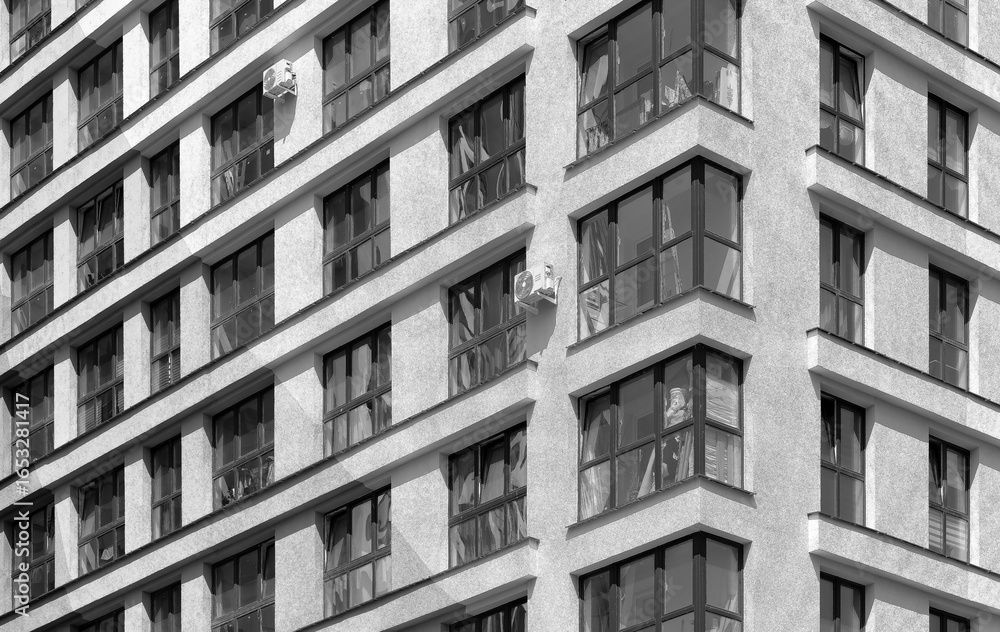 Poster building pattern in metropolitan city. modern concrete multistorey architecture highlights tall