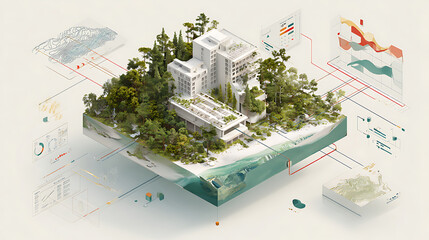 Modern architectural complex surrounded by lush green forest and ocean architecture building