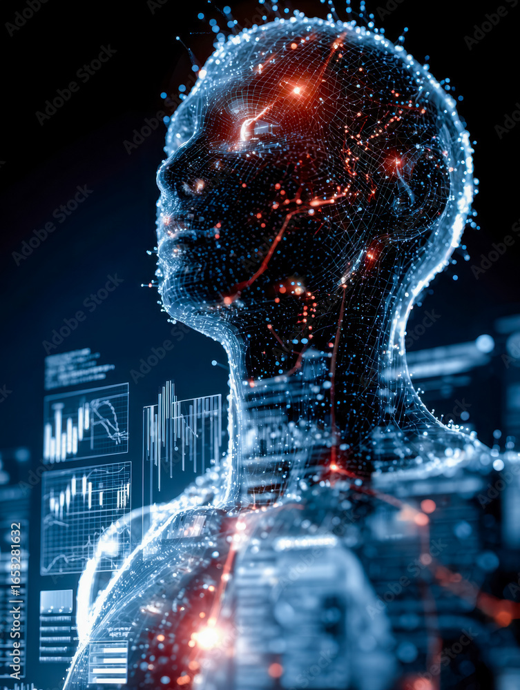 Poster futuristic digital human profile with data visualization and glowing network connections