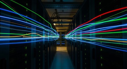 Data center server room with colorful light trails representing data transfer speed